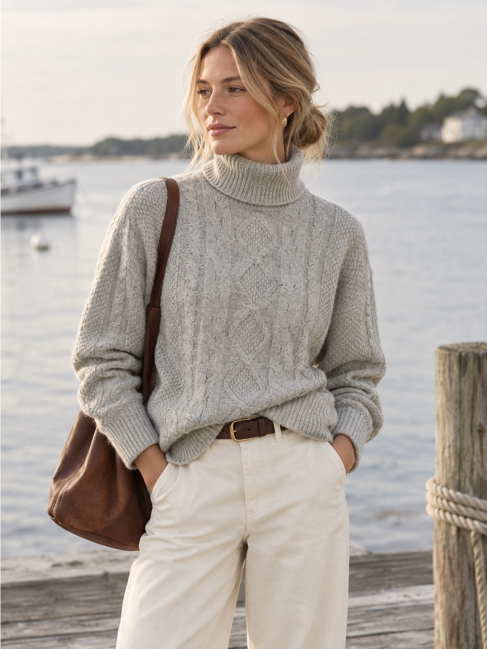 GAP Cable Knit Turtleneck Sweater in Light Gray